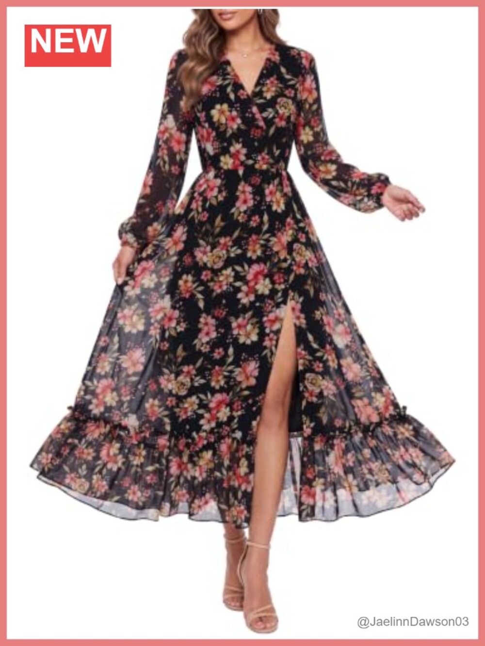 AlisOker Women's Floral Maxi Dress Long Sleeve V Neck Flowy Boho